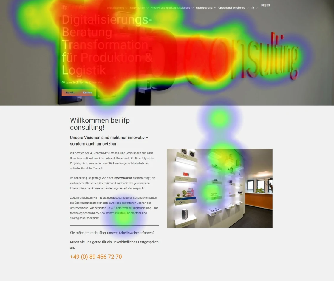 Eye-Tracking-Heatmap der ursprünglichen ifp-consulting-Website mit Blickschwerpunkten im großen Einstiegsbereich