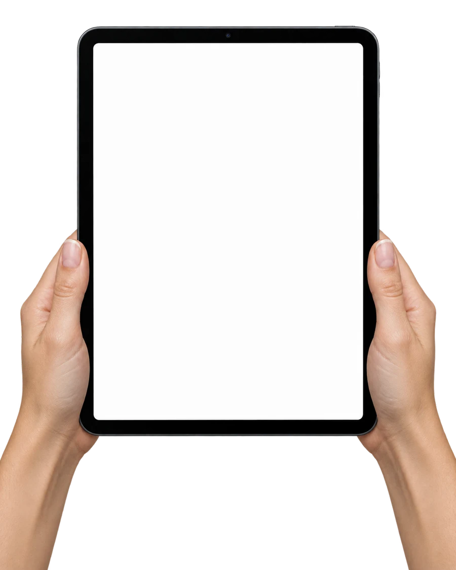 Ein Tablet in zwei Händen zeigt Blickbewegungen auf einer Website.
